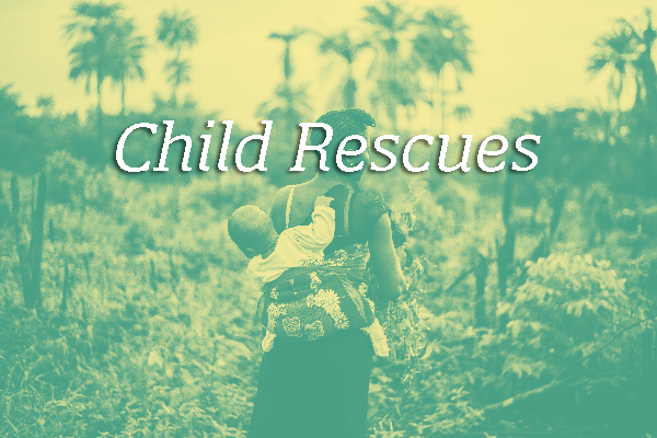 "Child Rescues" in white font over a green-tinted photograph of a woman carrying a baby on her back through the forest